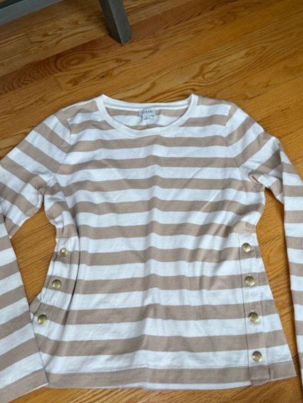 J. Crew tan and white striped top features decorative gold buttons
